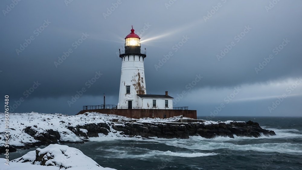Lighthouse on Stormy Winter Coast