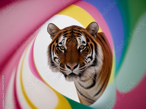 Tiger Peeking Out from a Colorful Background. photo