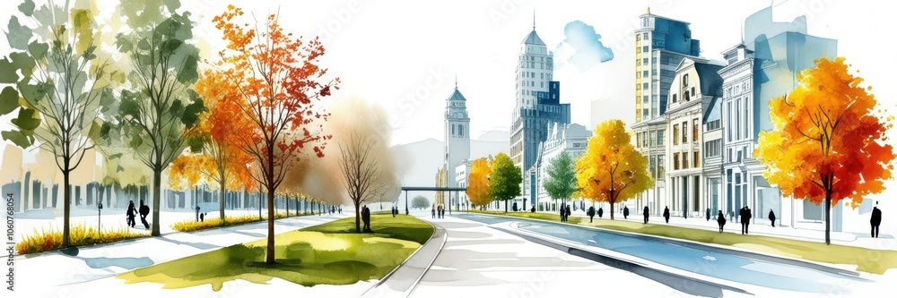 Naklejka premium Autumn city street, watercolor painting, vibrant fall colors, people walking with umbrellas, urban park scene, orange and yellow trees, silhouettes of buildings, impressionistic style, wet sidewalk re