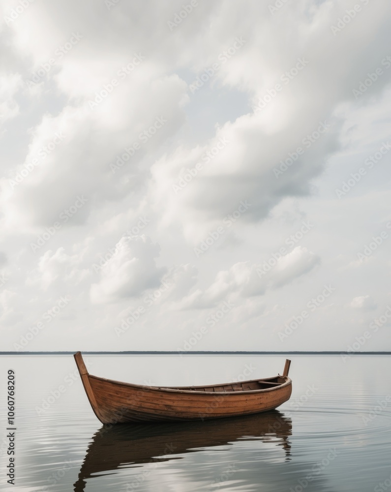 A serene landscape featuring a cloudy sky and a small boat floating on calm waters. A serene landscape featuring a cloudy sky and a small boat floating on calm waters.