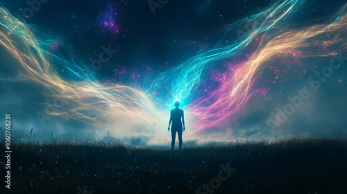 A person stands in a field with a swirling blue and pink energy above their head, against a starry night sky