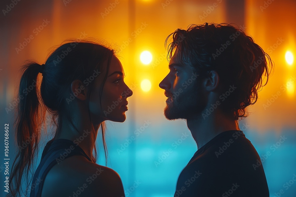An athletic couple works out side by side on weight machines at a modern fitness club. Generative AI An athletic couple works out side by side on weight machines at a modern fitness club. Generative AI