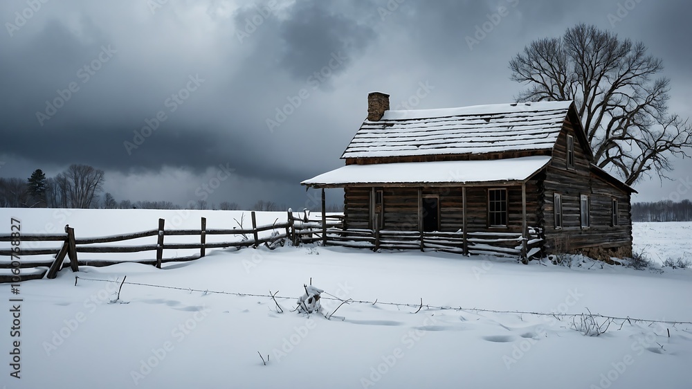 Abandoned Cabin in Snowy Field