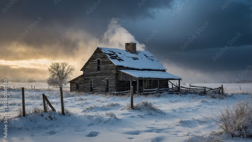 Abandoned Cabin in Snowy Field