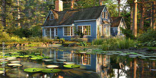 Little blue house by the pond
 photo