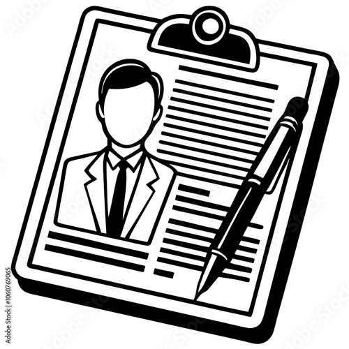 Minimalistic black and white illustration of a clipboard with a resume and a pen