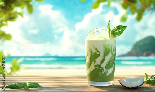 Green smoothie on wooden table with coconut and beach.