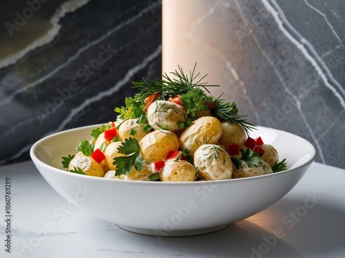 creamy potato salad with fresh herbs and red bell peppers in a white bowl on a gray marble background.
