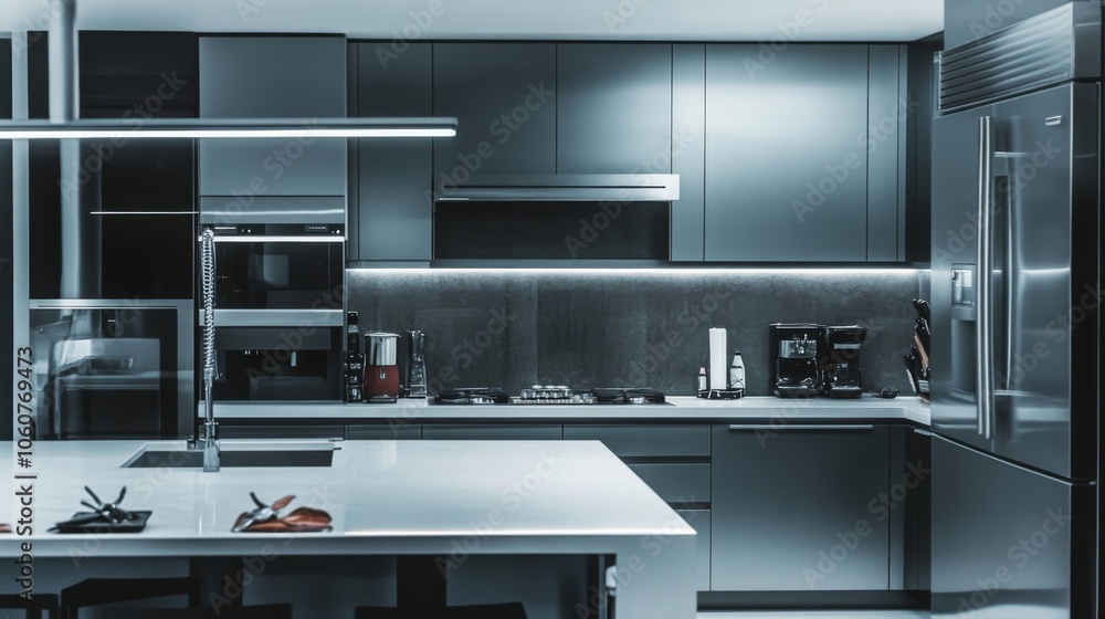 Modern Kitchen Equipped with Stainless Steel Appliances, Sleek Cooking Space Modern Kitchen Equipped with Stainless Steel Appliances, Sleek Cooking Space