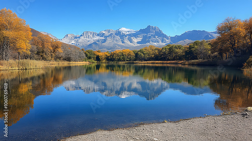 A Still Lake with Mountains and Trees Reflected on the Water 