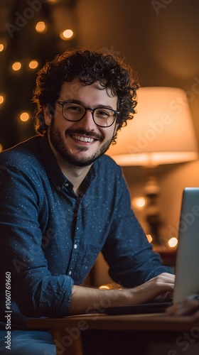 A happy man with glasses is sitting at his laptop in the evening, smiling and looking into the camera