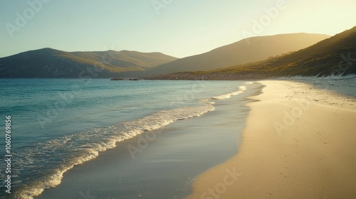 A pristine, white sand beach with turquoise water gently lapping the shore, backed by rolling green hills at sunset.