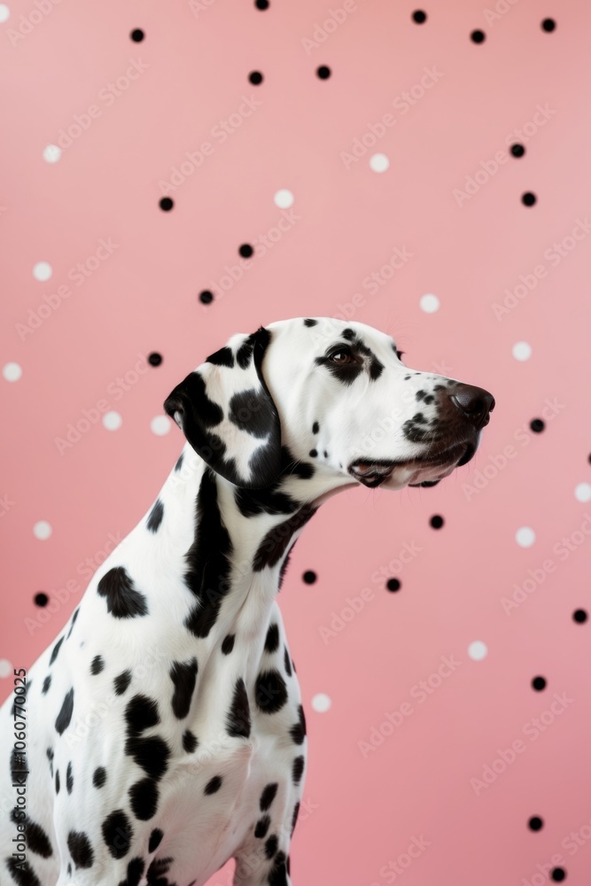 Dalmatian Dog with Black Spots on Pink Polka Dot Background. Dalmatian Dog with Black Spots on Pink Polka Dot Background.