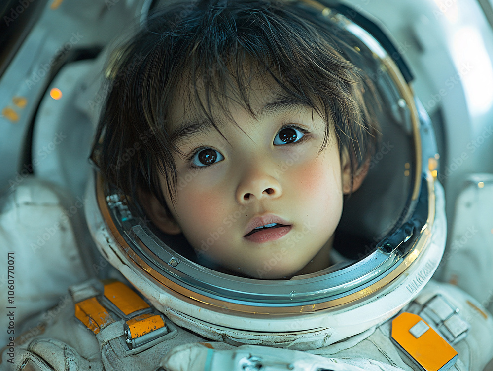 a young Chinese boy wearing a space suit, with her face visible through a transparent helmet. a young Chinese boy wearing a space suit, with her face visible through a transparent helmet.