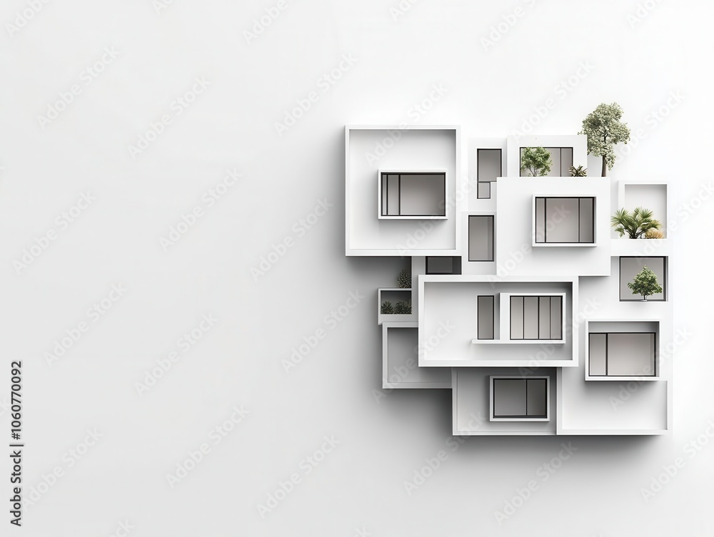 Modern white building, linear design elements, 3D illustration Modern white building, linear design elements, 3D illustration