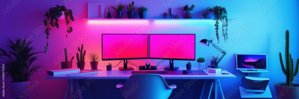 Neon-lit gaming setup, futuristic workspace, RGB lighting, dual monitor configuration, gaming chair, modern desk, cyberpunk aesthetic, pink and blue color scheme, panoramic view, ultrawide monitors, s Neon-lit gaming setup, futuristic workspace, RGB lighting, dual monitor configuration, gaming chair, modern desk, cyberpunk aesthetic, pink and blue color scheme, panoramic view, ultrawide monitors, s