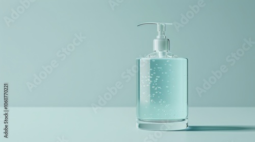 A clear bottle of hand sanitizer with a pump dispenser sits on a light blue surface. The bottle is filled with a transparent blue liquid, with bubbles visible throughout.