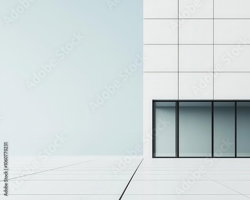 White commercial building, glasslined structure, 3D illustration photo