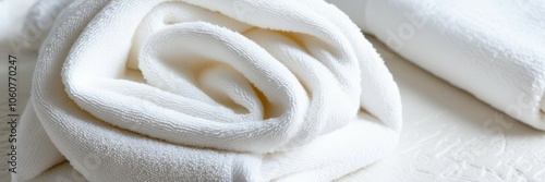 Soft white towels, folded neatly, close-up texture, cotton fabric, fluffy material, clean and fresh, spa atmosphere, minimalist composition, bright lighting, crisp details, serene mood, hygiene concep