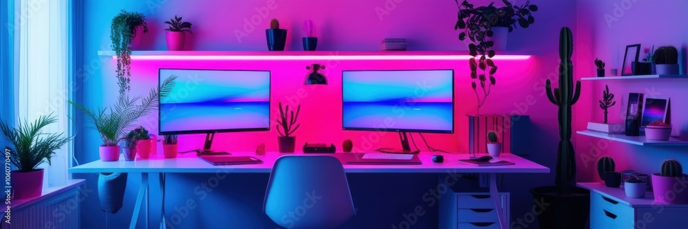 Neon-lit gaming setup, futuristic workspace, RGB lighting, dual monitor configuration, gaming chair, modern desk, cyberpunk aesthetic, pink and blue color scheme, panoramic view, ultrawide monitors, s Neon-lit gaming setup, futuristic workspace, RGB lighting, dual monitor configuration, gaming chair, modern desk, cyberpunk aesthetic, pink and blue color scheme, panoramic view, ultrawide monitors, s