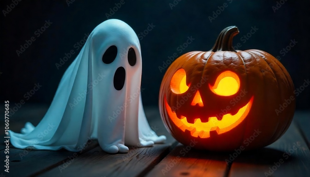Classic Halloween Scene, white ghost figure floating next to a carved jack-o'-lantern pumpkin, spooky, horror, Halloween celebration, holiday season, created with generative ai Classic Halloween Scene, white ghost figure floating next to a carved jack-o'-lantern pumpkin, spooky, horror, Halloween celebration, holiday season, created with generative ai