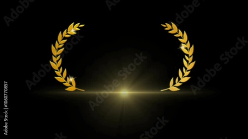 Animation gold laurel wreath with ribbon frame on black background.