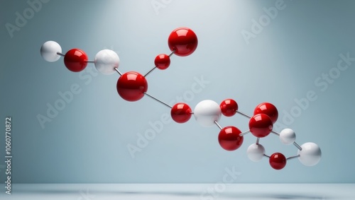 a molecular structure model with red and white spheres on a light blue background representing atoms or molecules. photo