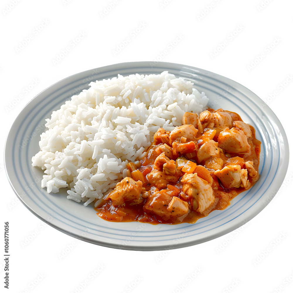 Delicious dish of chicken curry accompanied by fluffy white rice, ideal for showcasing food and cooking, set against a clear background Delicious dish of chicken curry accompanied by fluffy white rice, ideal for showcasing food and cooking, set against a clear background