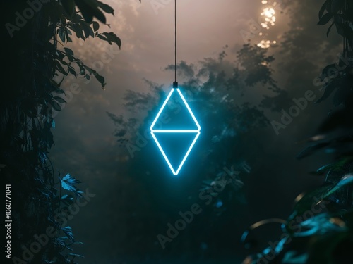 Mystical Neon Triangle Amidst Dark Foliage. photo