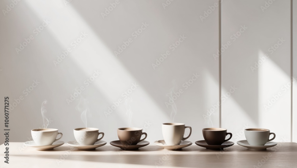 Obraz premium A still life image showing multiple cups of coffee on a table.