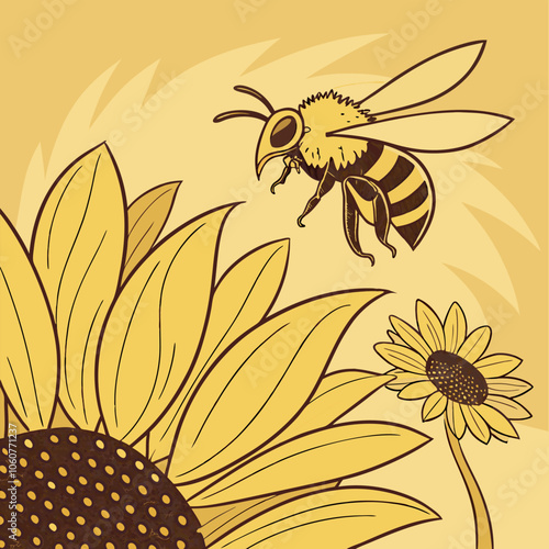 A charming illustration featuring a friendly bee perched on a sunflower, radiating a sense of summer sunshine and warmth. This delightful image is perfect for nature-themed designs.