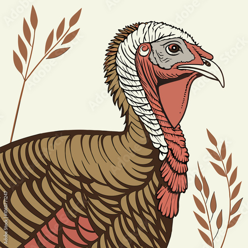 A detailed illustration of a turkey, showcasing its intricate plumage and wattle. The turkey is depicted with a proud and dignified expression, making it a perfect choice for Thanksgiving, holiday.