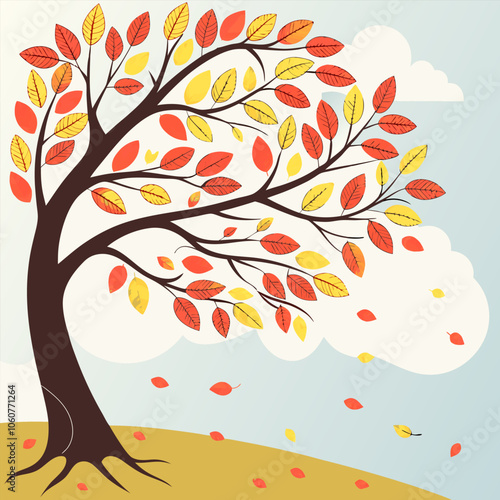 A charming illustration of a tree with vibrant autumn leaves blowing in the wind. The tree is depicted with a brown trunk and branches adorned with a mix of red and yellow leaves.