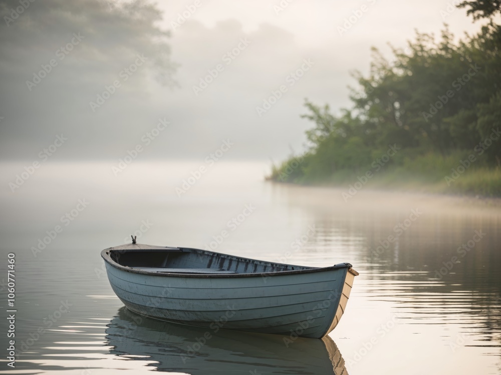 A row boat sitting peacefully on the surface of a calm body of water. A row boat sitting peacefully on the surface of a calm body of water.