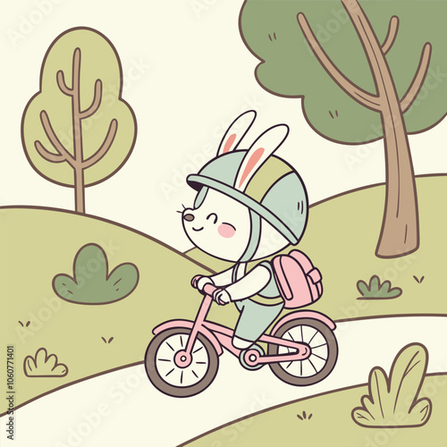 A cute bunny rabbit wearing a helmet and backpack rides a bicycle down a path in a park. This whimsical illustration is perfect for children's books, stationery.