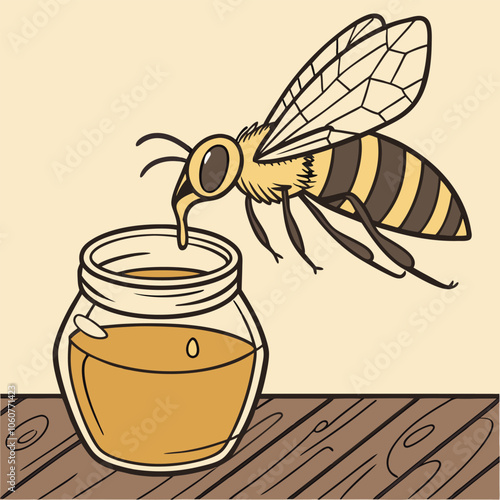 A cute cartoon bee pouring honey into a jar. This illustration is perfect for honey-themed products, children's books, or anything that needs a touch of sweetness.