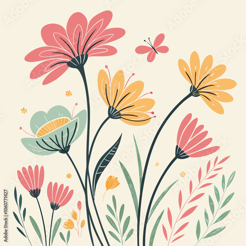 A delightful illustration featuring a whimsical arrangement of colorful flowers and leaves, perfect for adding a touch of spring to your designs.