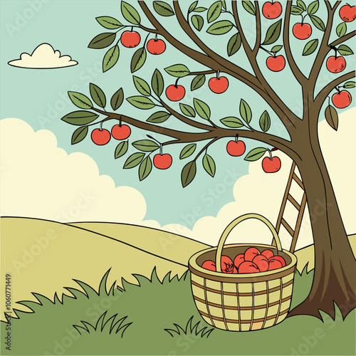 A charming illustration of a basket full of ripe apples beneath a lush apple tree, a perfect image for autumn, harvest, or a simple countryside scene.