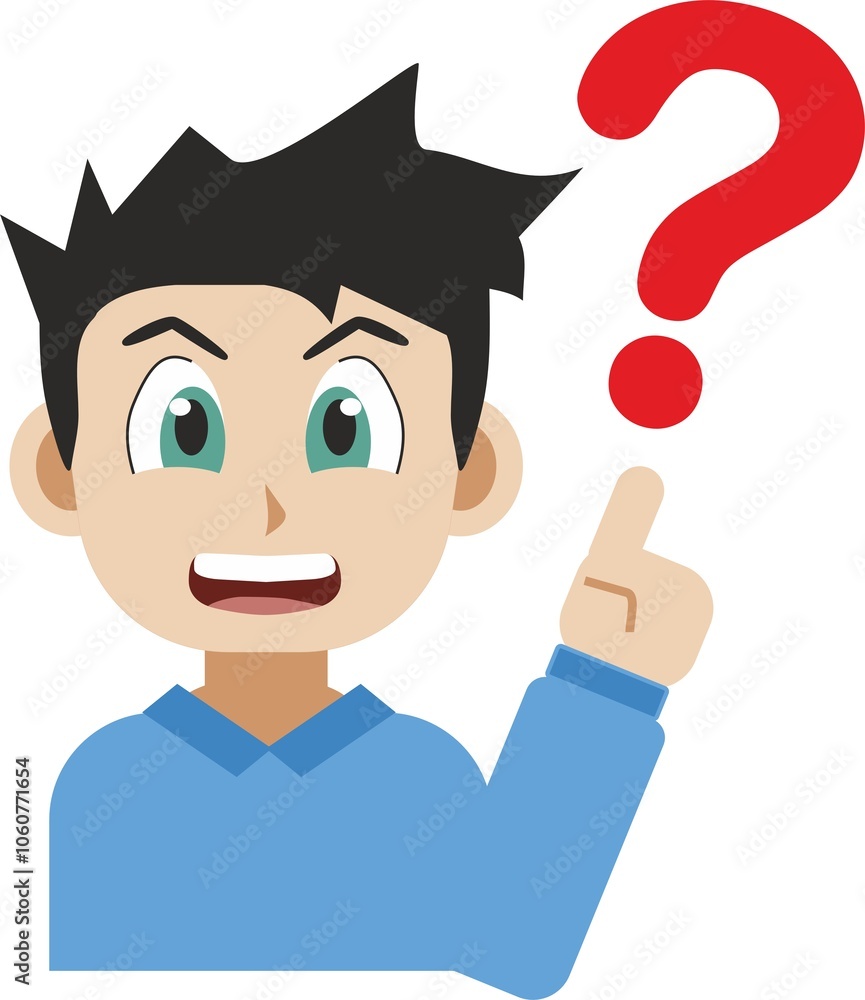 manga style illustration of a young man pointing with his index finger at a question mark isolated on white background. Concept faq and asking questions or finding solutions to problems manga style illustration of a young man pointing with his index finger at a question mark isolated on white background. Concept faq and asking questions or finding solutions to problems
