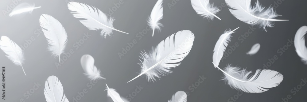 Ethereal white feathers floating, black and white contrast, dreamy atmosphere, soft focus, monochromatic, gentle movement, lightweight textures, abstract background, falling plumes, peaceful mood, min Ethereal white feathers floating, black and white contrast, dreamy atmosphere, soft focus, monochromatic, gentle movement, lightweight textures, abstract background, falling plumes, peaceful mood, min