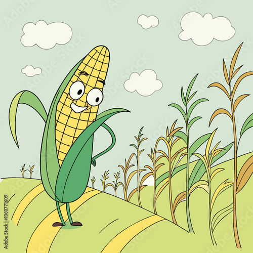 A cheerful cartoon corn cob stands tall in a field, smiling and waving with green leaves, a playful illustration perfect for kids' books, farm-themed projects.