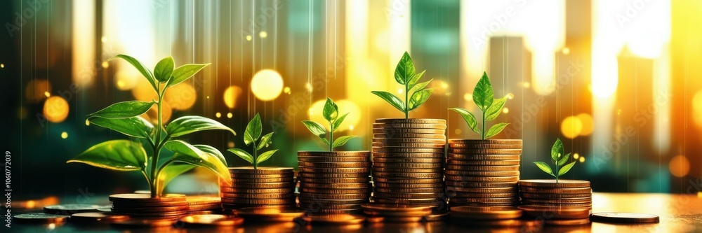 Financial growth, plant seedlings growing on coins, stacks of money, golden light, financial prosperity, investing concept, wealth accumulation, economic development, savings growth, progressive stage Financial growth, plant seedlings growing on coins, stacks of money, golden light, financial prosperity, investing concept, wealth accumulation, economic development, savings growth, progressive stage