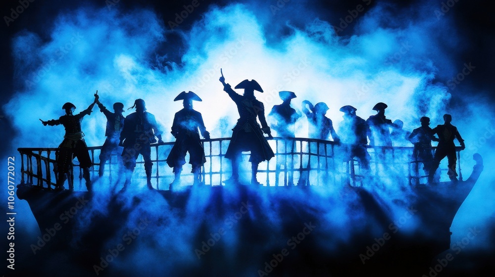 Silhouettes of People on a Platform in Dramatic Fog Silhouettes of People on a Platform in Dramatic Fog