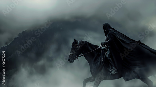 A man in a black cloak rides a horse through the fog
