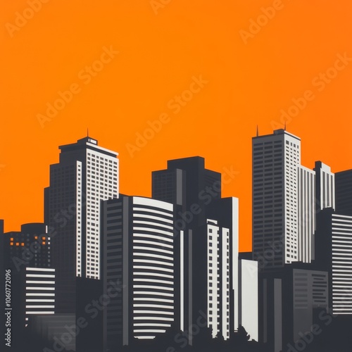 A simple illustration of a city skyline with tall buildings against a sunset orange background.