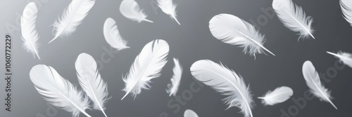 Ethereal white feathers floating, black and white contrast, dreamy atmosphere, soft focus, monochromatic, gentle movement, lightweight textures, abstract background, falling plumes, peaceful mood, min