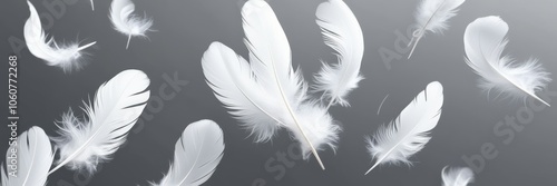 Ethereal white feathers floating, black and white contrast, dreamy atmosphere, soft focus, monochromatic, gentle movement, lightweight textures, abstract background, falling plumes, peaceful mood, min