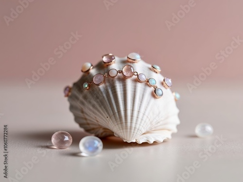 exquisite sea shell adorned with pastel jewels on a soft pink background. photo