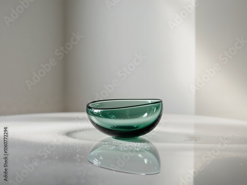 A single green glass object sits on a clean white surface.