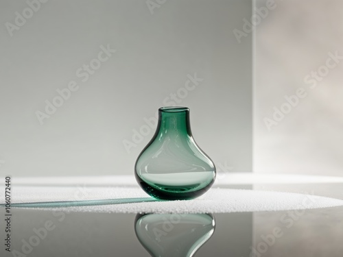 A single green glass object sits on a clean white surface.